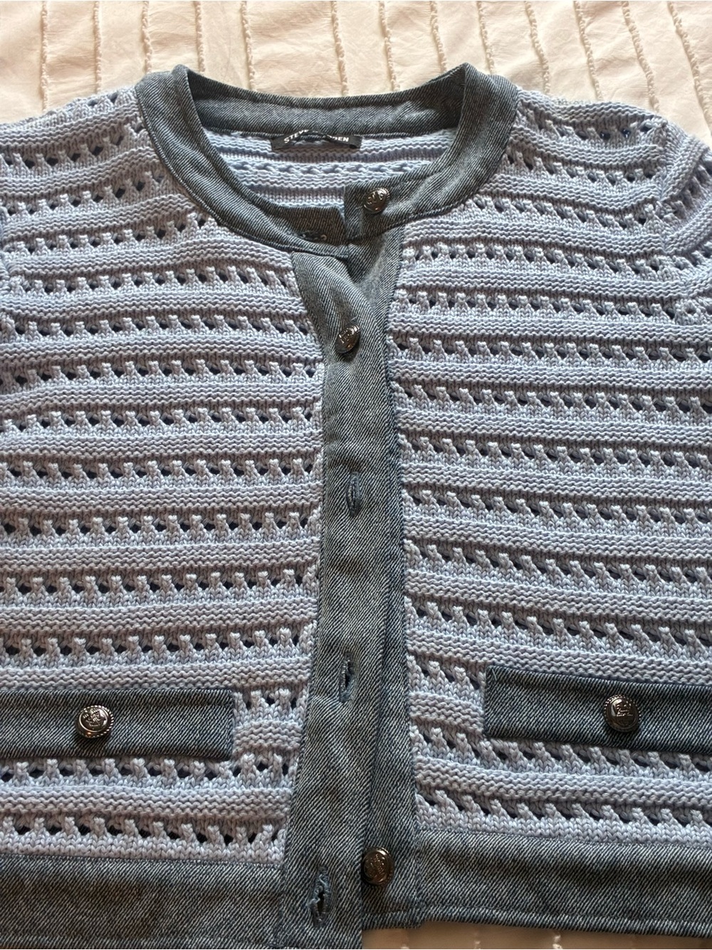 Steve Madden Light Blue Open-Knit Button Front Cardigan/ jacket made in crochet